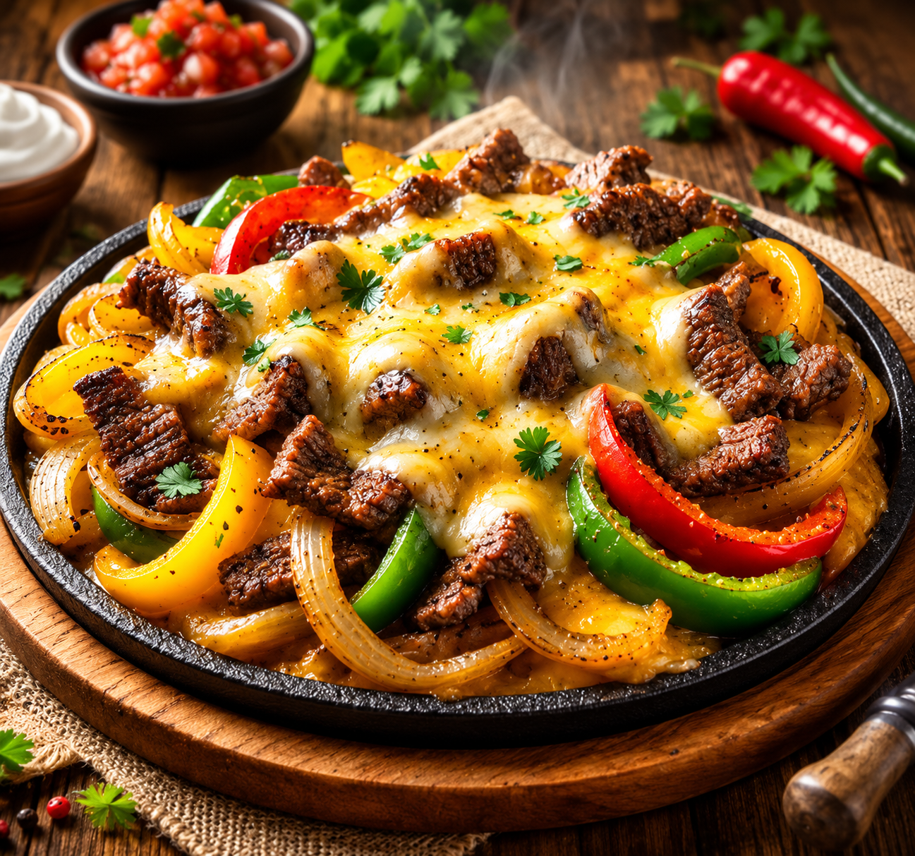 Freshly cooked sizzling beef skillet